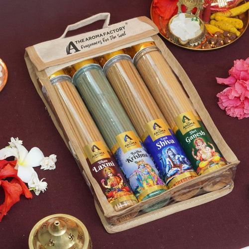 The Aroma Factory Incense Sticks (Laxmi, Ganesh, Krishna, Shiva Gods Hindu Agarbatti) 4 bottles, Fragrance Jute Gift Pack