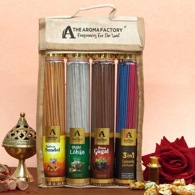 The Aroma Factory Incense Sticks (Saffron Sandal,Loban, Gugal & 3 in 1 Agarbatti) 4 bottles, Fragrance Jute Gift Pack