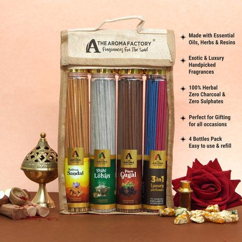 The Aroma Factory Incense Sticks (Saffron Sandal,Loban, Gugal & 3 in 1 Agarbatti) 4 bottles, Fragrance Jute Gift Pack