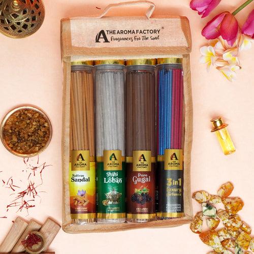 The Aroma Factory Incense Sticks (Saffron Sandal,Loban, Gugal & 3 in 1 Agarbatti) 4 bottles, Fragrance Jute Gift Pack