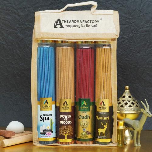 The Aroma Factory Incense Sticks (Relaxing Spa, Power of Woods, Kasturi Musk & Oudh Oud Agarbatti) 4 bottles, Fragrance Jute Gift Pack