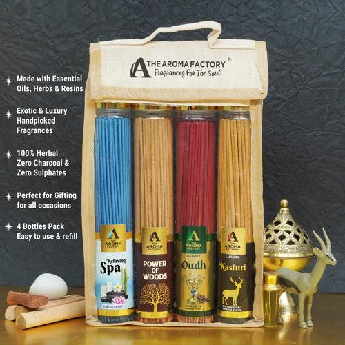 The Aroma Factory Incense Sticks (Relaxing Spa, Power of Woods, Kasturi Musk & Oudh Oud Agarbatti) 4 bottles, Fragrance Jute Gift Pack