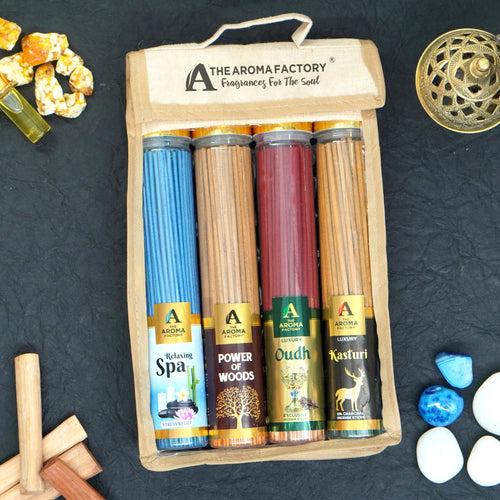 The Aroma Factory Incense Sticks (Relaxing Spa, Power of Woods, Kasturi Musk & Oudh Oud Agarbatti) 4 bottles, Fragrance Jute Gift Pack