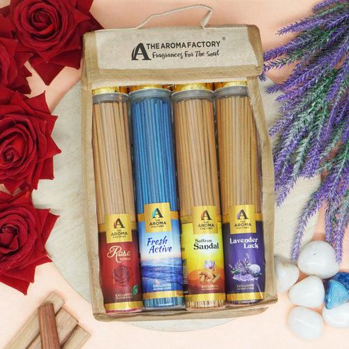 The Aroma Factory Incense Sticks (Saffron Sandal Kesar Chandan, Rose, Fresh Active & Lavender Agarbatti) 4 bottles, Fragrance Jute Gift Pack