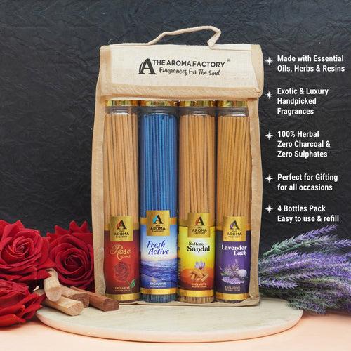 The Aroma Factory Incense Sticks (Saffron Sandal Kesar Chandan, Rose, Fresh Active & Lavender Agarbatti) 4 bottles, Fragrance Jute Gift Pack