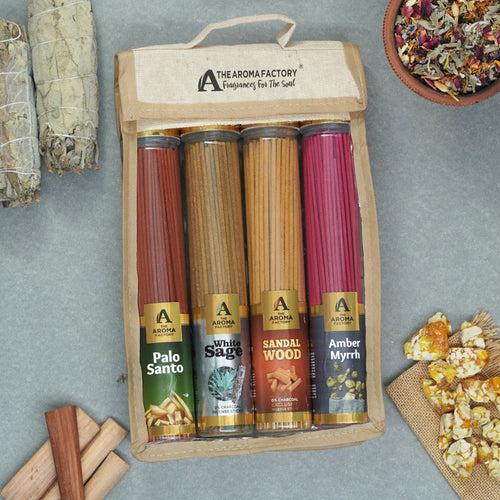 The Aroma Factory Incense Sticks (Palo Santo, White Sage, Sandal wood Chandan & Amber Myrrh Agarbatti) 4 bottles, Fragrance Jute Gift Pack