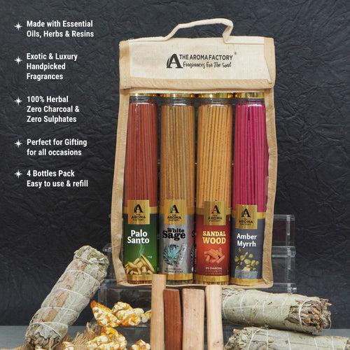 The Aroma Factory Incense Sticks (Palo Santo, White Sage, Sandal wood Chandan & Amber Myrrh Agarbatti) 4 bottles, Fragrance Jute Gift Pack