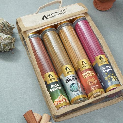 The Aroma Factory Incense Sticks (Palo Santo, White Sage, Sandal wood Chandan & Amber Myrrh Agarbatti) 4 bottles, Fragrance Jute Gift Pack