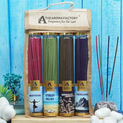 The Aroma Factory Incense Sticks (Meditation, Stress Relief, Sensuality & Energizing Agarbatti) 4 bottles, Fragrance Jute Gift Pack