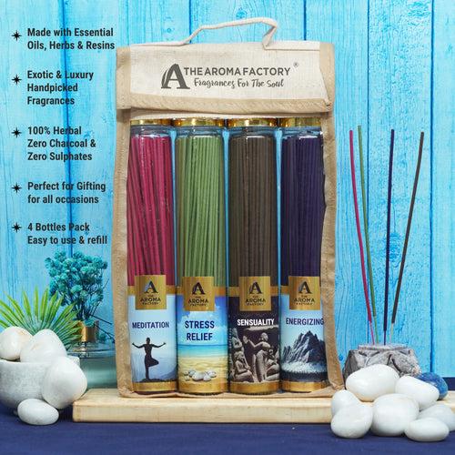 The Aroma Factory Incense Sticks (Meditation, Stress Relief, Sensuality & Energizing Agarbatti) 4 bottles, Fragrance Jute Gift Pack