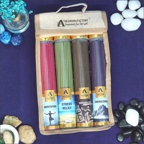 The Aroma Factory Incense Sticks (Meditation, Stress Relief, Sensuality & Energizing Agarbatti) 4 bottles, Fragrance Jute Gift Pack