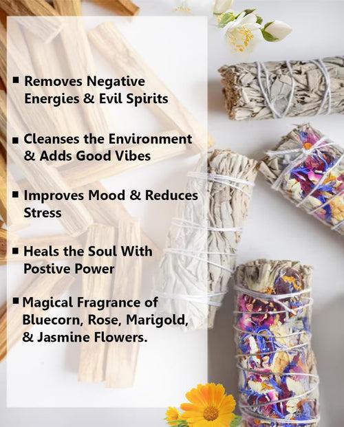 The Aroma Factory Natural White Sage Dry Leaves with Mix Flowers Smudging Sticks Bundles (6 Inch x 30g Each)  Pack of 4