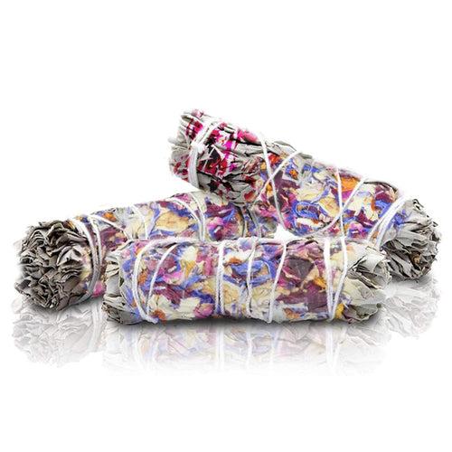 The Aroma Factory Natural White Sage Dry Leaves with Mix Flowers Smudging Sticks Bundles (6 Inch x 30g Each)  Pack of 4