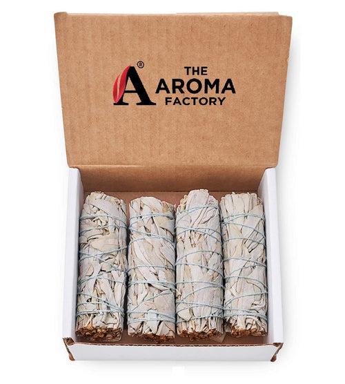 The Aroma Factory Natural White Sage Dry Leaves Smudging Sticks (6 Inch x 30g Each) Removes Negativity, Aura Cleansing, 1 Box (White Sage, Pack of 4)