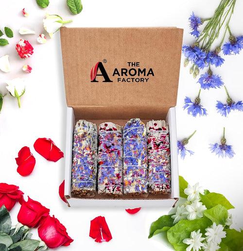 The Aroma Factory Natural White Sage Dry Leaves with Mix Flowers Smudging Sticks Bundles (6 Inch x 30g Each)  Pack of 4