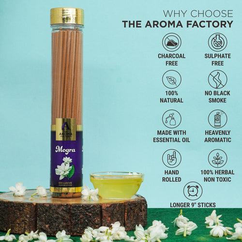 The Aroma Factory Mogra Incense Stick Agarbatti (0% Charcoal 0% Sulphates) Organic Agarbatti Bottle Pack, 100G