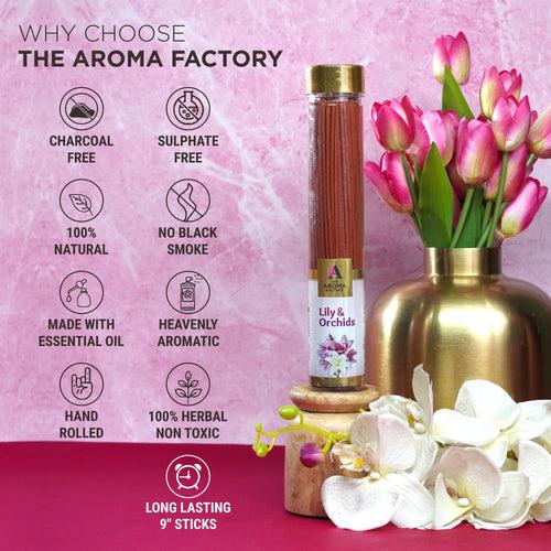 The Aroma Factory Lily & Orchid Incense Stick (0% Charcoal 0% Sulphates) Organic & Herbal Agarbatti Bottle Pack, 100G