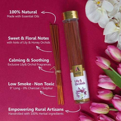 The Aroma Factory Lily & Orchid Incense Stick (0% Charcoal 0% Sulphates) Organic & Herbal Agarbatti Bottle Pack, 100G