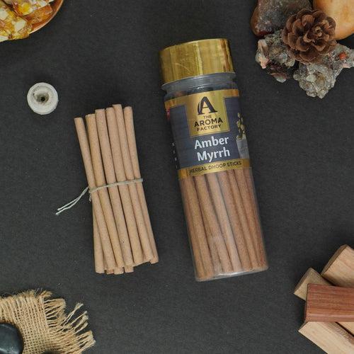 The Aroma Factory Amber & Myrrh Dhoop Stick (0% Charcoal 0% Suphates) Herbal Incense Dhoopbatti Bottle Pack, 75g