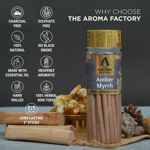 The Aroma Factory Amber & Myrrh Dhoop Stick (0% Charcoal 0% Suphates) Herbal Incense Dhoopbatti Bottle Pack, 75g