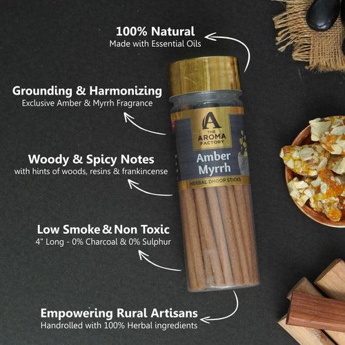 The Aroma Factory Amber & Myrrh Dhoop Stick (0% Charcoal 0% Suphates) Herbal Incense Dhoopbatti Bottle Pack, 75g