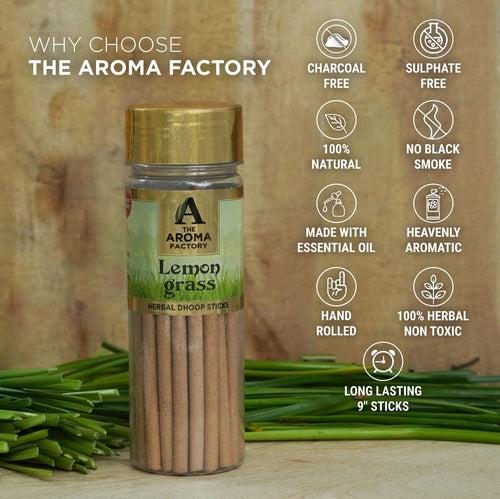 The Aroma Factory Lemongrass Dhoop Stick (0% Charcoal 0% Suphates) Herbal Incense Dhoopbatti Bottle Pack,75g