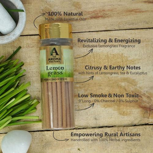 The Aroma Factory Lemongrass Dhoop Stick (0% Charcoal 0% Suphates) Herbal Incense Dhoopbatti Bottle Pack,75g