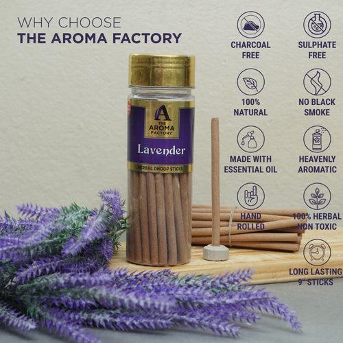 The Aroma Factory Lavender Dhoop Stick (0% Charcoal 0% Suphates) Herbal Incense Dhoopbatti Bottle Pack, 100g