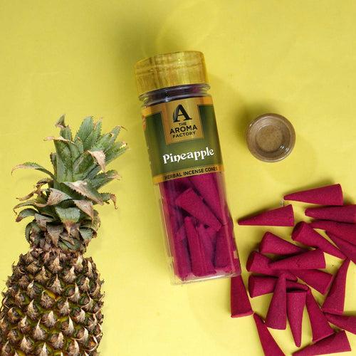 The Aroma Factory Pineapple Incense Cone (0% Charcoal 0% Suphates Herbal Dhoop) Free Holder Bottle Pack, 30 Cones