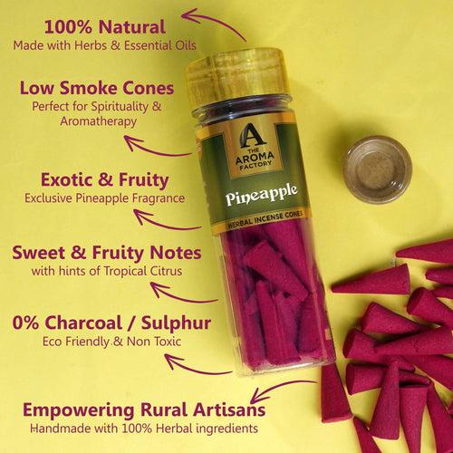 The Aroma Factory Pineapple Incense Cone (0% Charcoal 0% Suphates Herbal Dhoop) Free Holder Bottle Pack, 30 Cones