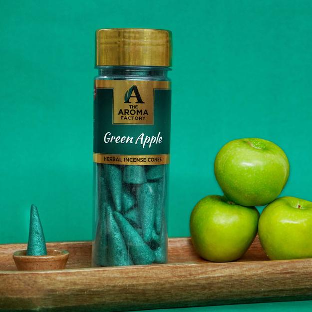 The Aroma Factory Green Apple Incense Cone (0% Charcoal 0% Suphates Herbal Dhoop) Free Holder Bottle Pack, 30 Cones