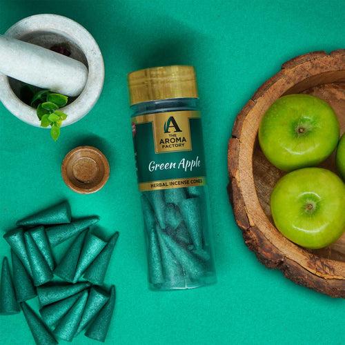 The Aroma Factory Green Apple Incense Cone (0% Charcoal 0% Suphates Herbal Dhoop) Free Holder Bottle Pack, 30 Cones