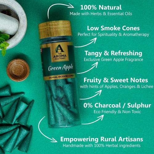 The Aroma Factory Green Apple Incense Cone (0% Charcoal 0% Suphates Herbal Dhoop) Free Holder Bottle Pack, 30 Cones