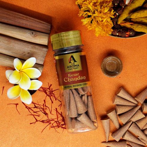 The Aroma Factory Kesar Chandan Incense Cone (0% Charcoal 0% Suphates Saffron Sandal Herbal Dhoop) Free Holder Bottle Pack, 30 Cones