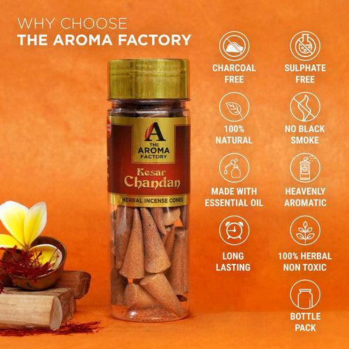 The Aroma Factory Kesar Chandan Incense Cone (0% Charcoal 0% Suphates Saffron Sandal Herbal Dhoop) Free Holder Bottle Pack, 30 Cones