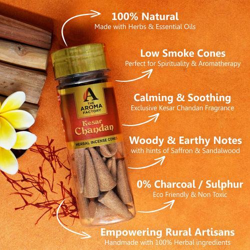 The Aroma Factory Kesar Chandan Incense Cone (0% Charcoal 0% Suphates Saffron Sandal Herbal Dhoop) Free Holder Bottle Pack, 30 Cones