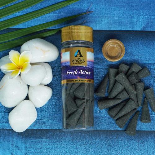 The Aroma Factory Fresh Active Incense Cone (0% Charcoal 0% Suphates Herbal Dhoop) Free Holder Bottle Pack, 30 Cones