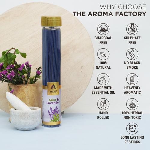 The Aroma Factory Mint & Lavender Incense Stick (0% Charcoal 0% Sulphates) Herbal Agarbatti Bottle Pack, 100G