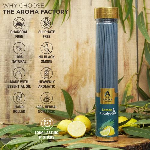 The Aroma Factory Lemon & Eucalyptus Incense Stick (0% Charcoal 0% Sulphates) Herbal Agarbatti Bottle Pack, 100G