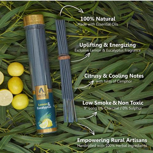 The Aroma Factory Lemon & Eucalyptus Incense Stick (0% Charcoal 0% Sulphates) Herbal Agarbatti Bottle Pack, 100G