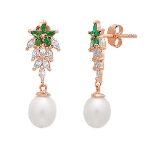 Lustrous Floral Cascade CZ Pearls Rose Gold Plated 925 Sterling Silver Earrings