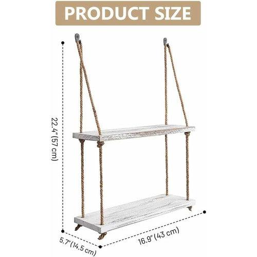 2 Tier Solid Wood Handmade Macrame Rope Hanging Wall Shelves