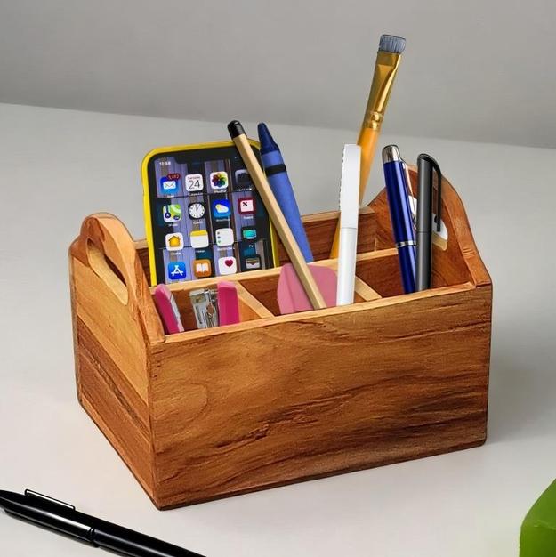 Teak Wood Desk Organizer Pen/Pencil Mobile Holder Spoons Cutlery