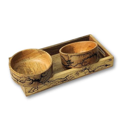 Mango Wood Crackle Design Serving Tray with 2 Bowls Set