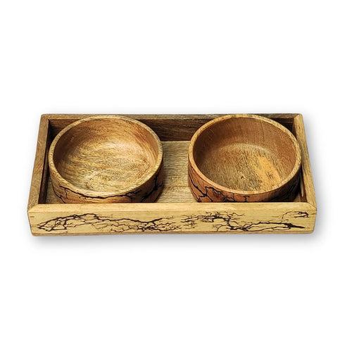 Mango Wood Crackle Design Serving Tray with 2 Bowls Set