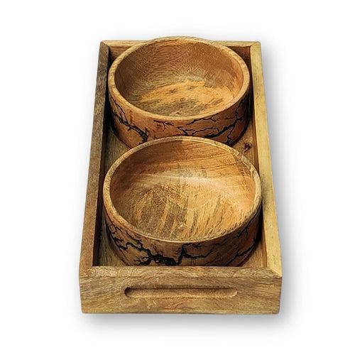 Mango Wood Crackle Design Serving Tray with 2 Bowls Set