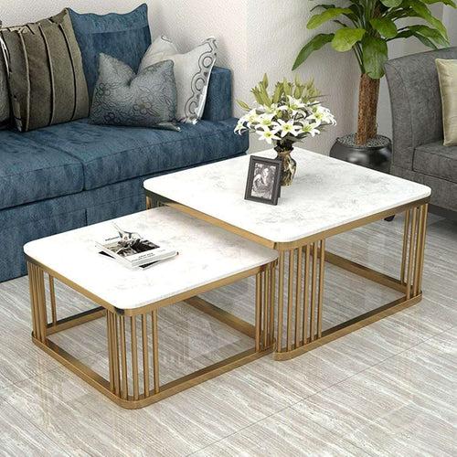 Metal Modern Nesting Coffee Table with Marble Texture Wood Set of 2