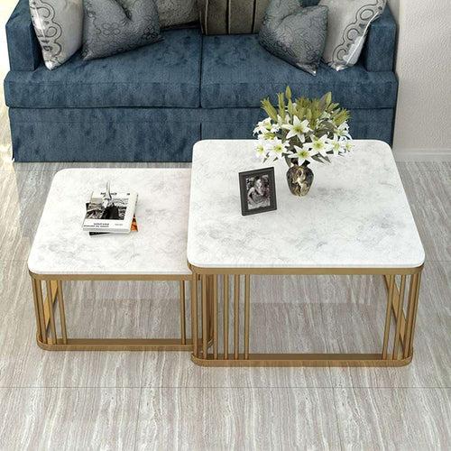 Metal Modern Nesting Coffee Table with Marble Texture Wood Set of 2