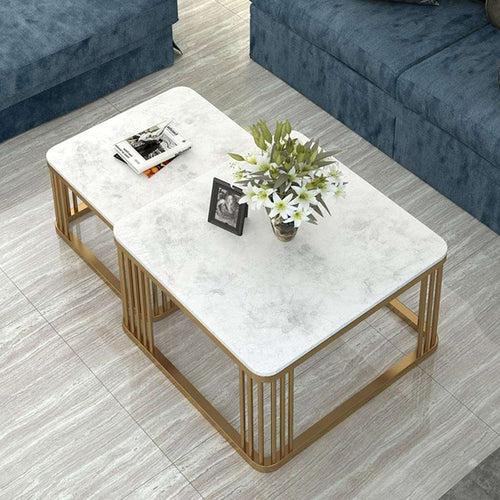 Metal Modern Nesting Coffee Table with Marble Texture Wood Set of 2