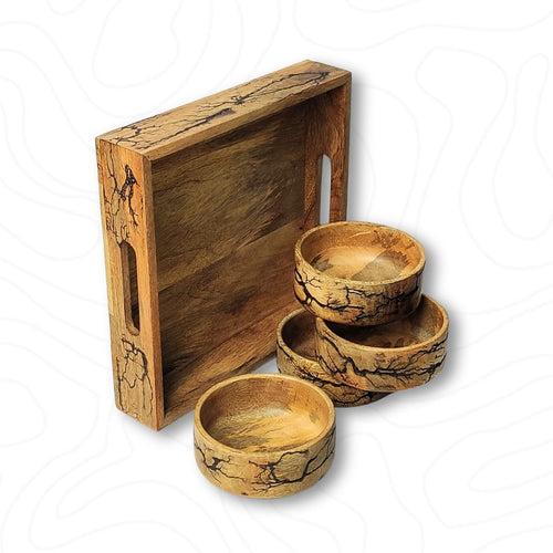 Mango Wood Crackle Design Serving Tray with 4 Bowls Set